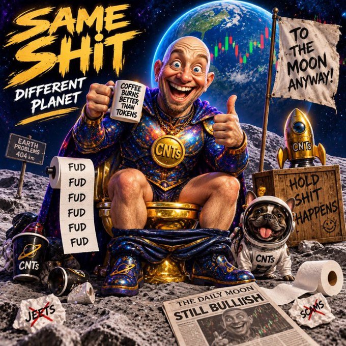 A satirical digital artwork titled 'SAME SHIT DIFFERENT PLANET' featuring an exaggerated figure in a galaxy-print superhero suit with 'CNTs' on the chest, sitting on a golden toilet on the moon holding a mug reading 'COFFEE BURNS BETTER THAN TOKENS,' with surrounding elements including a 'TO THE MOON ANYWAY!' flag, a 'HOLD SHIT HAPPENS' sign, and a newspaper headline 'STILL BULLISH.'