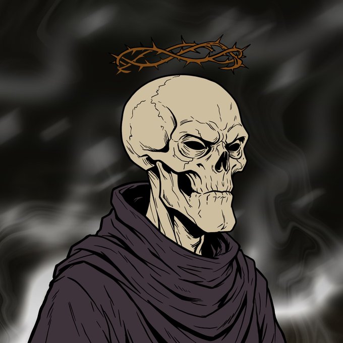 A dark illustration of a skeletal figure wearing a hooded robe with a crown of thorns floating above its head.