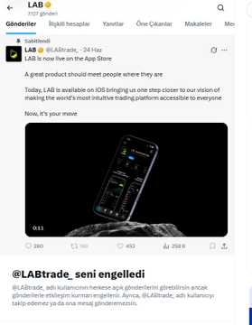 A Twitter/X post from @LABtrade announcing that LAB is now live on the App Store, with a response in Turkish from @LABtrade_seni mentioning updates.
