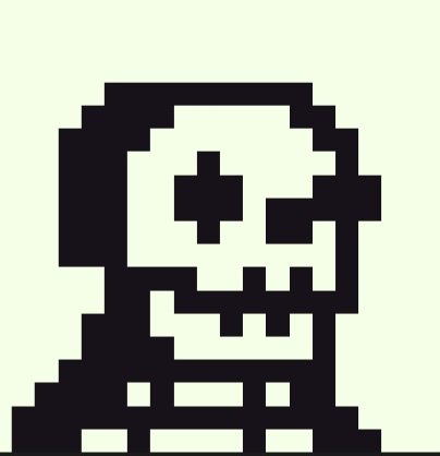 A pixelated black-and-white skull character rendered in retro 8-bit video game style.