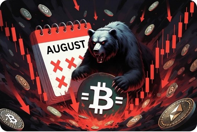 A dramatic graphic showing an aggressive black bear attacking a Bitcoin (₿) symbol next to a calendar marked 'AUGUST' with red 'X' marks, set against a backdrop of falling red arrows, candlestick charts, and sinking cryptocurrency coins.