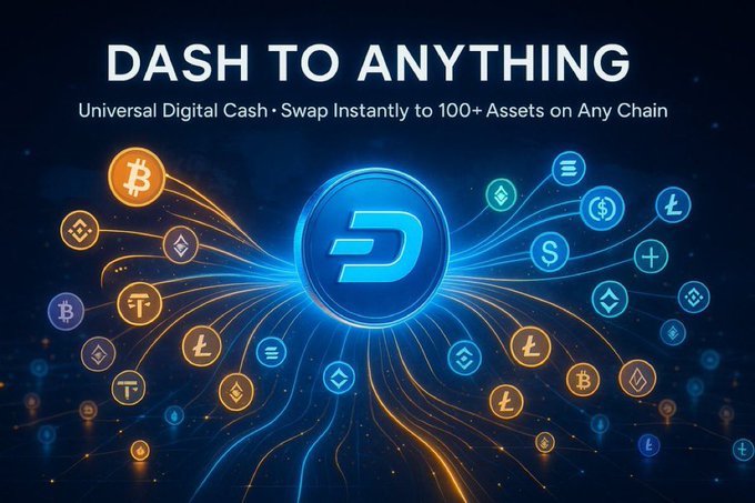 A vibrant digital promotional graphic titled **"DASH TO ANYTHING"** with the subtitle **"Universal Digital Cash • Swap Instantly to 100+ Assets on Any Chain"** features a glowing blue Dash cryptocurrency coin at its center, surrounded by a network of connected cryptocurrency symbols including Bitcoin, Litecoin, Ethereum, and various stablecoins, all linked by radiant orange and blue energy streams against a dark, starry background—visually reinforcing the post's message of easily sending Dash ($DASH) to anywhere and swapping it across multiple chains and assets.