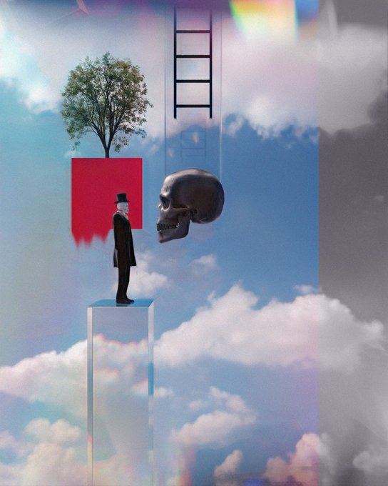 A surreal digital artwork depicts a small figure in a black coat and top hat standing on a pedestal in the clouds, facing a floating skull with a tree growing out of a red rectangle nearby.