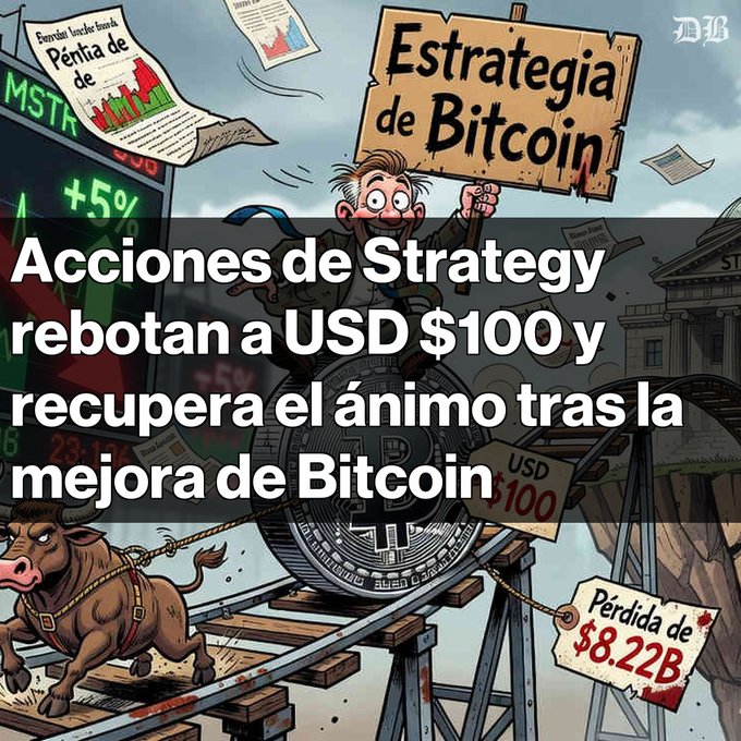 A Spanish-language financial news graphic about Strategy (formerly MicroStrategy) stock, with the headline "Acciones de Strategy rebotan a USD $100 y recupera el ánimo tras la mejora de Bitcoin," featuring cartoon illustrations of Bitcoin, a bull, and market charts showing a $8.22B loss and +5% gain.