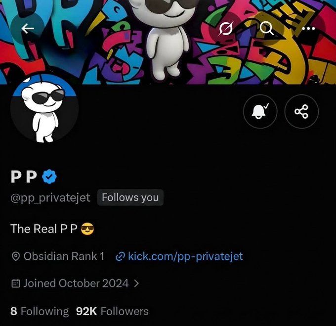 A social media profile page for 'P P' (@pp_privatejet) shows the bio 'The Real P P', a location tag 'Obsidian Rank 1', a link to 'kick.com/pp-privatejet', a join date of October 2024, and follower stats of 8 Following and 92K Followers.