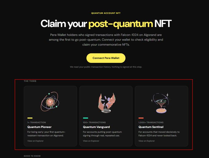 The image shows a promotional page titled "Claim your post-quantum NFT" for Pera Wallet holders who signed transactions with Falcon-1024 on Algorand, offering three NFT tiers: "Quantum Pioneer" (1+ transaction), "Quantum Vanguard" (100+ transactions), and "Quantum Sentinel" (1,000+ transactions), with a "Connect Pera Wallet" button to check eligibility. This relates to the "Do this guys" caption by presenting a free, easy opportunity for Algorand wallet users to claim commemorative NFTs based on their transaction history with the quantum-resistant Falcon-1024 signature scheme.