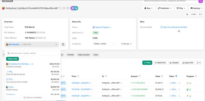 A screenshot of a Solana blockchain explorer showing account details with a total value of $70,166.53, 1.741000575 SOL balance, and 102 Token Balance, displaying transaction history including swaps involving Wrapped SOL (WSOL).