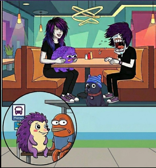 A cartoon illustration shows two emo-styled characters at a diner booth, one holding a purple hedgehog with a "Monad" bus stop sign, and another wearing a Pepe-style hat, with a meme inset featuring a hedgehog and fish character below.