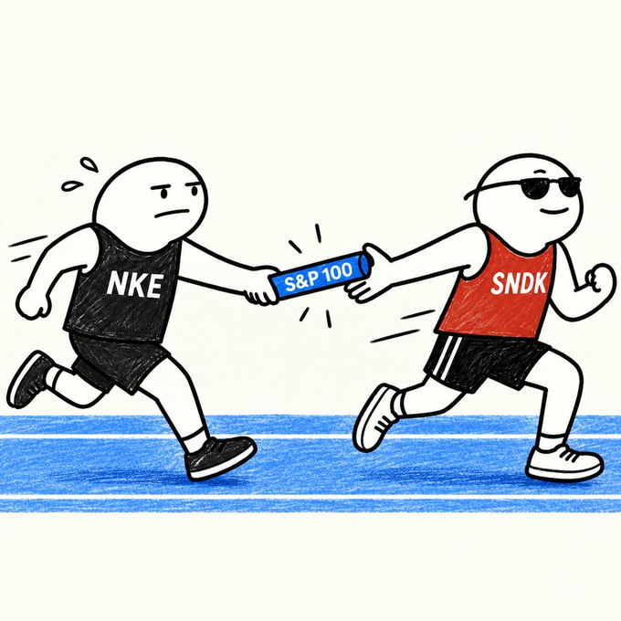 A cartoon illustration depicting a baton exchange race between two runners labeled 'NKE' and 'SNDK' passing an object labeled 'S&P 100', metaphorically representing changes in the S&P 100 index composition.