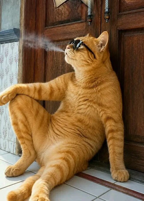 An orange tabby cat wearing small black sunglasses lounges casually against a wooden door, exhaling a visible puff of smoke or vapor.