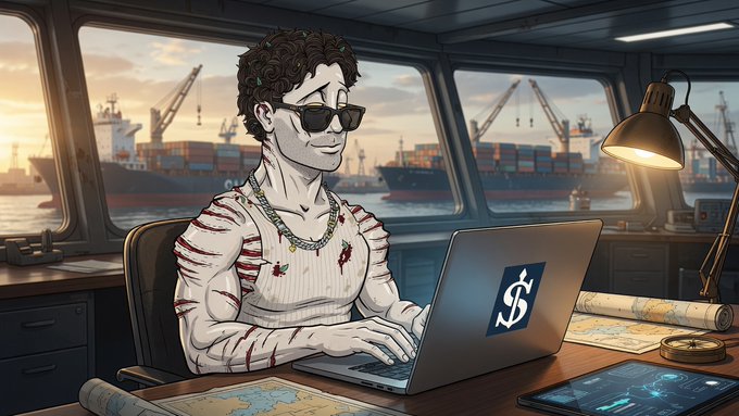 An illustrated image showing a pale, wounded figure wearing sunglasses working on a laptop displaying a dollar sign logo, with a shipping port visible through the windows behind them.