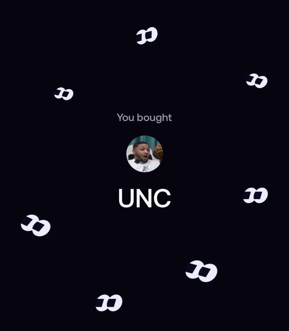 A minimalist dark app interface screen showing a profile picture of a young man, the text 'You bought', the ticker 'UNC', and floating white logos.