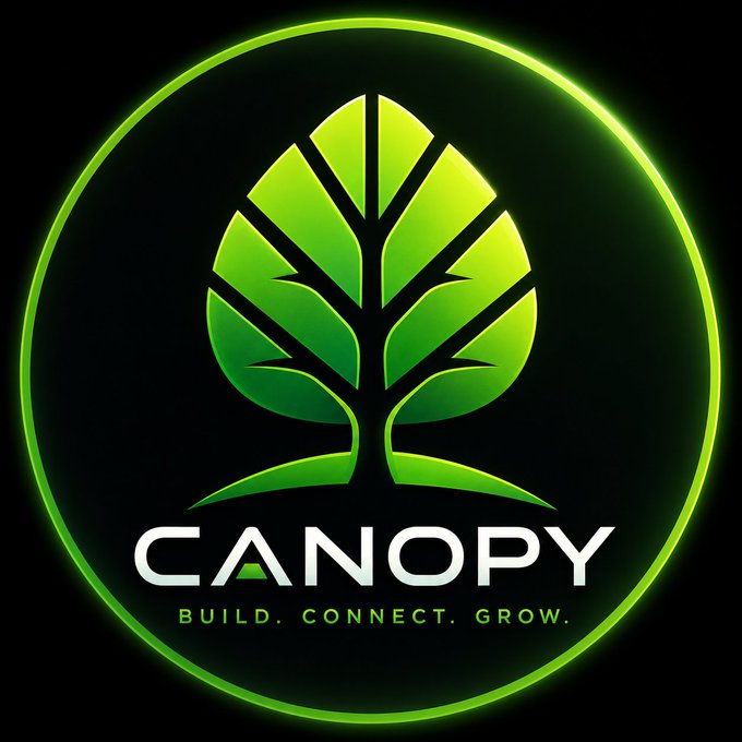 A glowing green circular logo features a stylized tree design with the text 'CANOPY' below it. The tagline 'BUILD. CONNECT. GROW.' appears at the bottom.