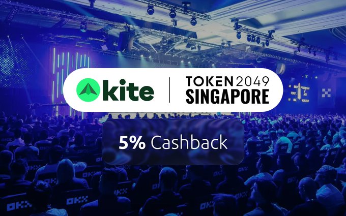 A photo of a large conference hall overlaid with logos for 'kite' and 'TOKEN 2049 SINGAPORE', along with a '5% Cashback' offer displayed in a black banner.