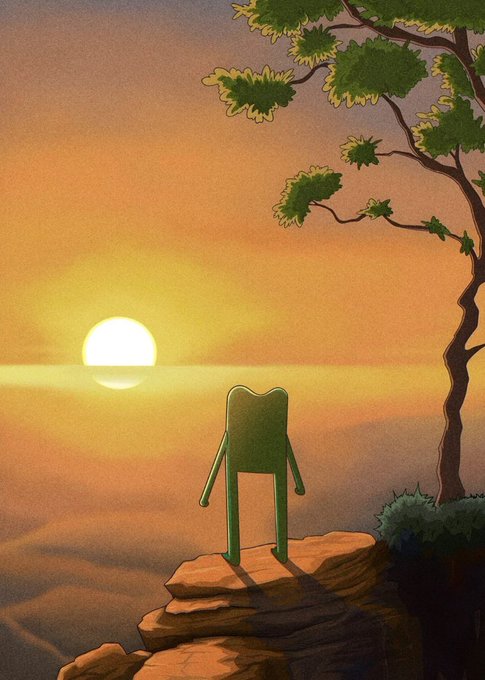 A digital illustration of a green anthropomorphic chair character standing on a rocky cliff at sunset, watching the sun set over the ocean beside a pine tree.