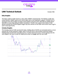A daily technical outlook document from 'Daily Insights' dated October 16th, featuring a line chart and analysis of LINK (Chainlink) price movement.