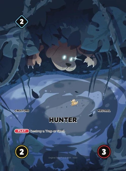 A digital trading card from the game 'Dogamel Digital' depicting a 'HUNTER' creature with glowing eyes watching from above a small figure in a clearing, with stats showing 2 and 3.