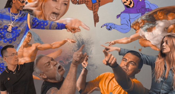 A chaotic collage-style image shows multiple people pointing fingers at each other alongside cartoon figures including a Spider-Man-like character and a hooded figure, illustrating disorganized conflict. This visual represents the "constant tab-switching" and "disconnected tools" frustration mentioned in the post about ARC Terminal's role in unifying the Web3 experience.