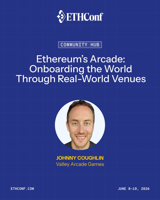 The image features a man smiling for the camera, with text that reads "Johnny Coughlin" and "Valley Arcade Games". The background of the image is blue, and there are two other texts at the bottom of the image - one reading "Ethereum's Arcade: Onboarding the World Through Real-World Venues", and another stating "The Community Hub".