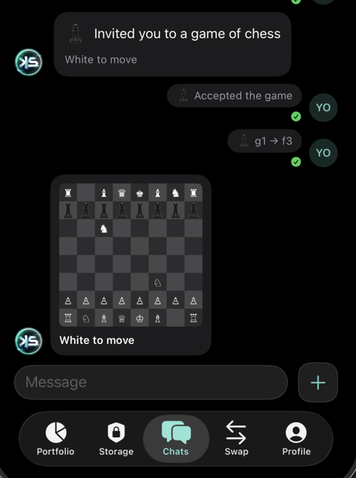 A screenshot of a chess game chat on the $KAS network, showing an opponent's opening move "g1 → f3" with the response "White to move," demonstrating the platform's peer-to-peer chess functionality referenced in the post.