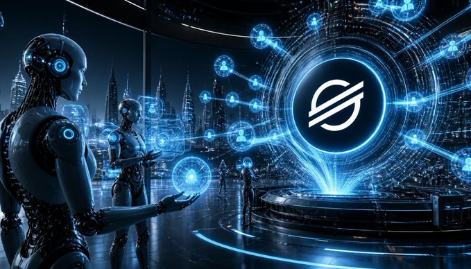 Futuristic digital art featuring humanoid robots in a high-tech environment, with a central glowing emblem showing a stylized 'S' or dollar-like logo surrounded by networked connection nodes.