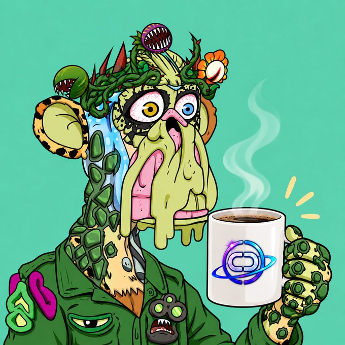 A colorful cartoon illustration of a grotesque, monster-like character with plant-like features, bulging eyes, and a drooping mouth, holding a steaming coffee mug with a blue logo.