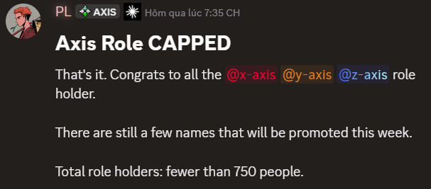 A Discord announcement from 'PL' with Axis logo stating 'Axis Role CAPPED', congratulating @x-axis, @y-axis, @z-axis role holders, noting fewer than 750 total role holders.