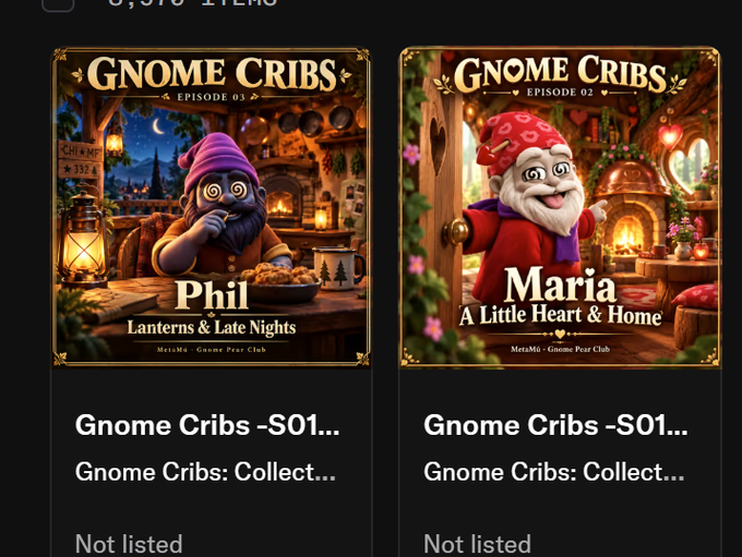 Two digital collectible cards from 'Gnome Cribs' series, Episode 03 'Phil - Lanterns & Late Nights' and Episode 02 'Maria - A Little Heart & Home', both listed as 'Not listed'.