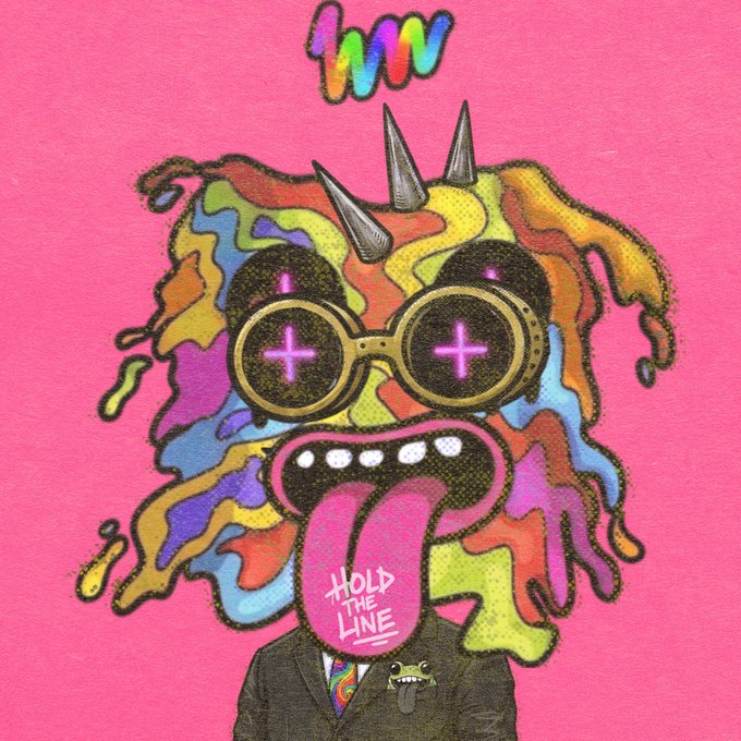 A colorful, chaotic monster character with spiky hair, round glasses showing plus-sign eyes, and a long pink tongue reading "HOLD THE LINE" sticks its tongue out against a bright pink background, with a rainbow "gm" floating above — visually reinforcing the cheerful "good morning" post.