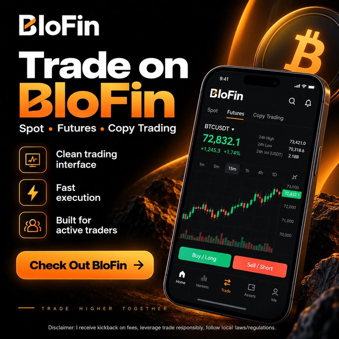 A BloFin promotional graphic shows a smartphone trading interface with BTCUSDT at 72,832.1, up 1.74%, alongside the message “Trade on BloFin—Spot • Futures • Copy Trading” and a “Check Out BloFin” button. It promotes BloFin as a clean, fast exchange for active traders, complementing the post’s recommendation and partner link.
