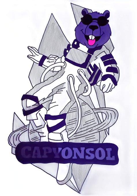 The image features a cartoon drawing of an astronaut wearing sunglasses, holding a skateboard with one foot while standing on top of another skateboard. The drawing includes text that reads "CAPYONSOL" at the bottom right corner and "SOLANA" in the middle left corner.