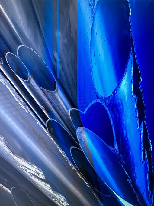 An abstract painting featuring thick, expressive brushstrokes in vibrant blues, blacks, whites, and grays with organic, curved shapes.