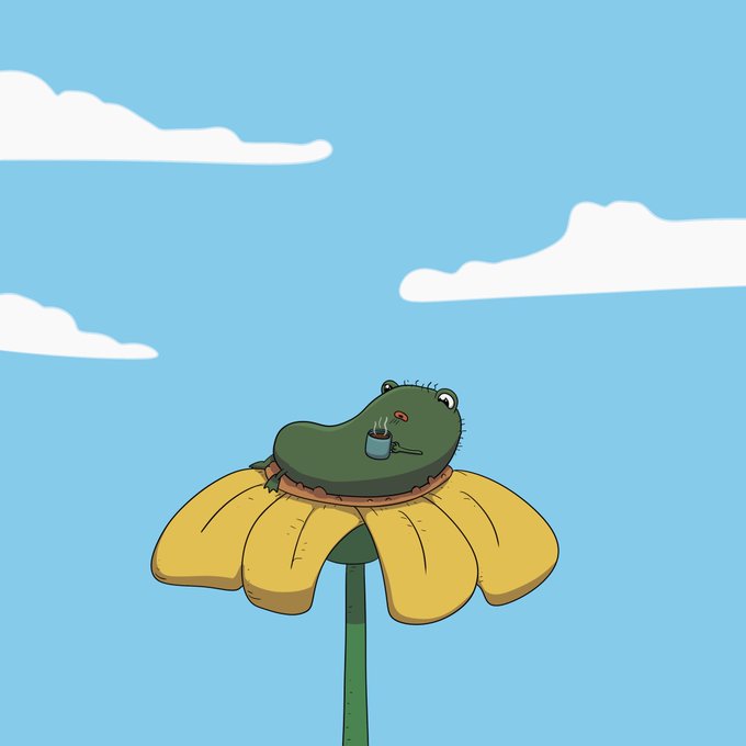 A cute cartoon illustration of a green frog relaxing on a yellow flower with a cup of coffee, set against a blue sky with white clouds.