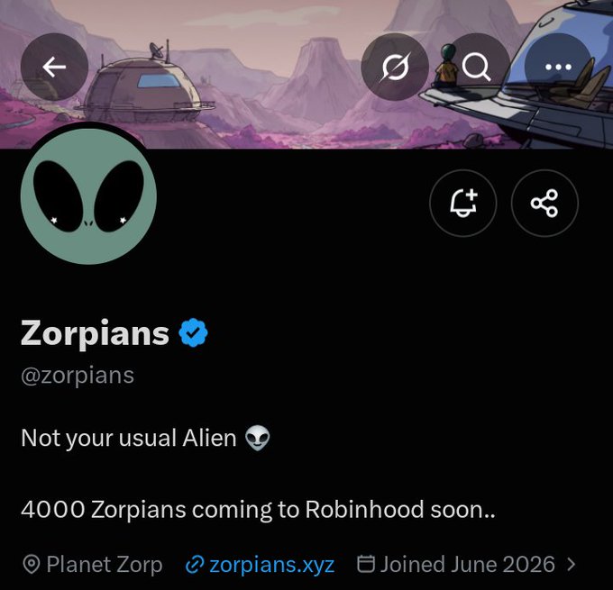 A Twitter profile page for "Zorpians" (@zorpians) is displayed, featuring an alien mascot logo on a black background and a banner with spaceship illustrations. The bio reads "Not your usual Alien 👽" and "4000 Zorpians coming to Robinhood soon..," with location "Planet Zorp" and a link to zorpians.xyz, aligning with the post's mention of a 4K hand-drawn Grey collection launching on Robinhood.