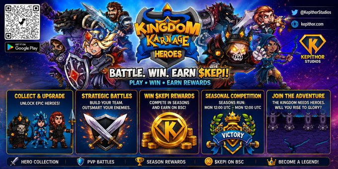 A promotional banner for Kingdom Karnage Heroes by Kepithor Studios, featuring colorful fantasy characters and highlighting key features like "Collect & Upgrade," "Strategic Battles," and "Win $KEPI Rewards," with a new weekly season running Monday 12:00 UTC to Monday 12:00 UTC, reinforcing the post's call to reset teams and compete for KEPI rewards.