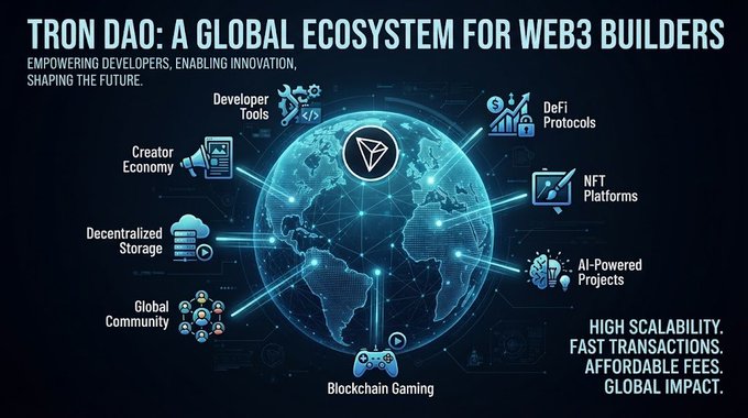 An infographic titled 'TRON DAO: A GLOBAL ECOSYSTEM FOR WEB3 BUILDERS' showing a globe connected to icons representing Developer Tools, DeFi Protocols, NFT Platforms, AI-Powered Projects, Blockchain Gaming, Global Community, Decentralized Storage, and Creator Economy, with text emphasizing 'HIGH SCALABILITY, FAST TRANSACTIONS, AFFORDABLE FEES, GLOBAL IMPACT.'