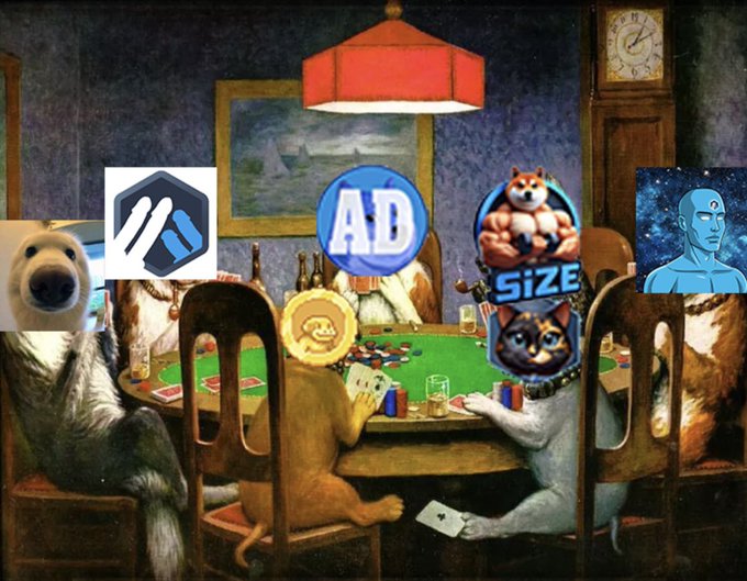 The famous "Dogs Playing Poker" painting is humorously overlaid with meme logos (Boop, AD, Size, Dr. Manhattan) and various internet imagery, satirizing the speculative "poker game" of meme token trading—visually mirroring the post's discussion of which tokens survive, like $Boop persisting while others "folded."