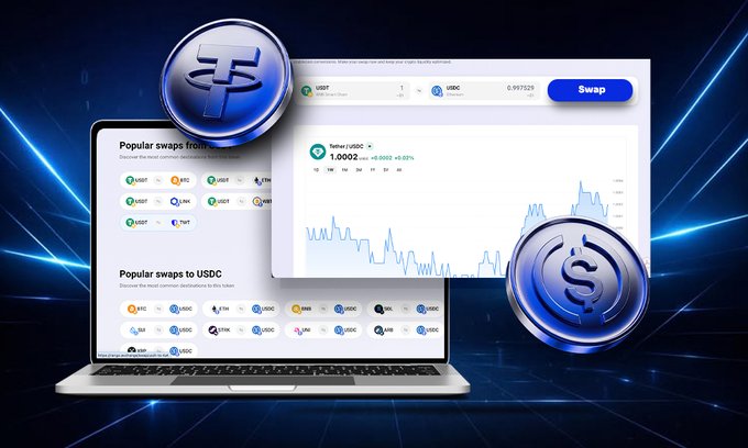 A promotional graphic showing a laptop displaying a cryptocurrency swap interface with Tether (USDT) and USDC coin logos overlaid against a dark blue tech-themed background.