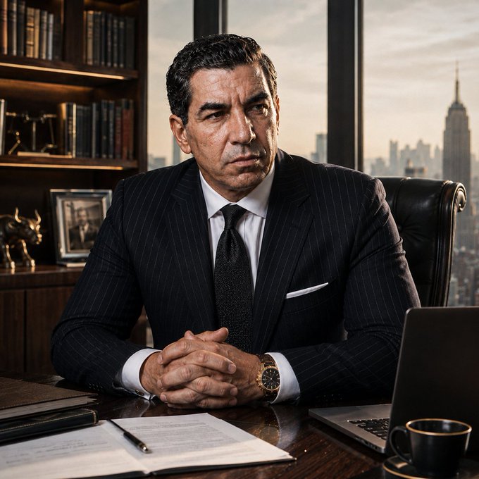A serious-looking man in a dark pinstripe suit sits at a wooden desk with his hands clasped, with a New York City skyline including the Empire State Building visible through the window behind him.