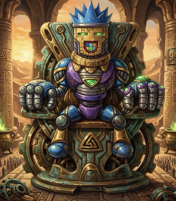 A regal, crown-wearing cybernetic ruler sits enthroned on an ornate mechanical throne, holding glowing gemstones—one green and one purple—surrounded by ancient hieroglyphic pillars and a small army of figures, blending royal authority with futuristic technology to embody the impending reign of "CyberThrone."