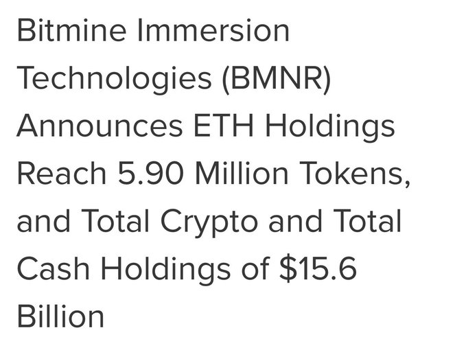Text reading 'Bitmine Immersion Technologies (BMNR) Announces ETH Holdings Reach 5.90 Million Tokens, and Total Crypto and Total Cash Holdings of $15.6 Billion'.