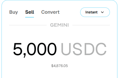 A cryptocurrency exchange interface displays a 'Sell' tab for converting 5,000 USDC into GEMINI at a rate of $4,876.05.