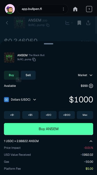 A mobile trading interface on app.bullpen.fi for buying the 'ANSEM The Black Bull' token (9cRc...pump) using USDC, showing a $1000 buy order with platform fee and conversion rate details.