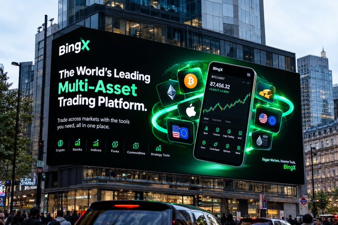 A large outdoor billboard advertising BingX as 'The World's Leading Multi-Asset Trading Platform,' displaying a phone interface with BTC/USDT charts and icons for crypto, indices, forex, and commodities.