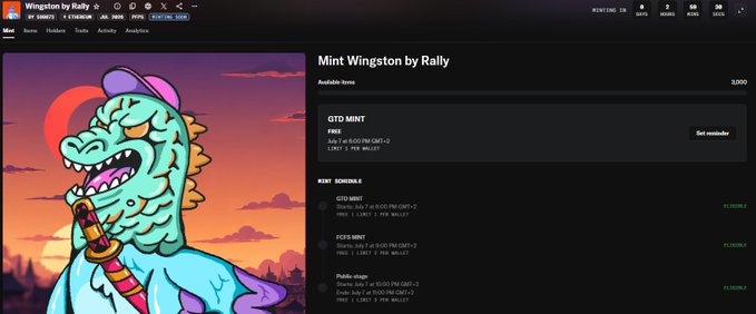 A screenshot of the Rally platform showing the "Mint Wingston by Rally" page, displaying a cartoon dinosaur holding a sword against a sunset cityscape. Key details include a 3,000 available item count, a FREE price tag (with $0.00 fee and 0.001 ETH gas), and a mint schedule beginning with a GTD MINT at 6 PM GMT+2.