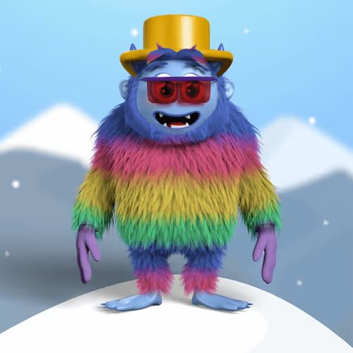 A 3D rendering of a colorful, furry monster character wearing a gold top hat and red sunglasses against a snowy mountain scene.