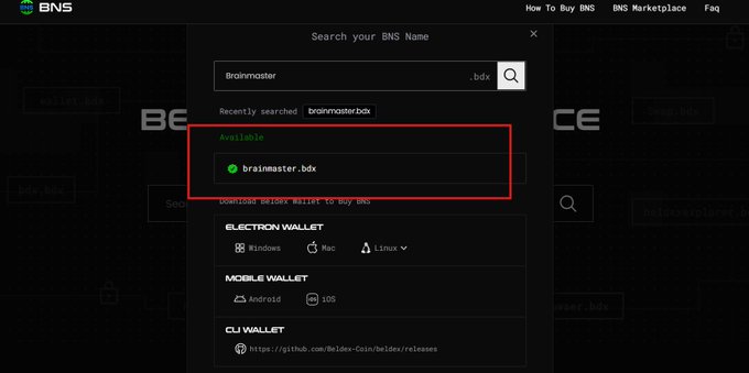 The image shows the Beldex Name Service (BNS) search interface displaying that "brainmaster.bdx" is available, with download options for Electron Wallet (Windows/Mac/Linux), Mobile Wallet (Android/iOS), and CLI Wallet listed below. The screenshot illustrates the post's point about how BNS converts complex web3 addresses into simple, human-readable names like "brainmaster.bdx."