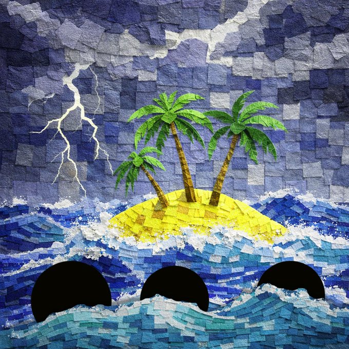 A textured paper collage artwork depicting a tropical island with palm trees, a stormy sky with lightning, and whale shapes in the ocean waves.