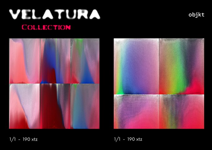 An art collection display titled 'VELATURA COLLECTION' on objkt, featuring two abstract pieces with swirling pink, red, blue, and green hues, each priced at 190 xtz.