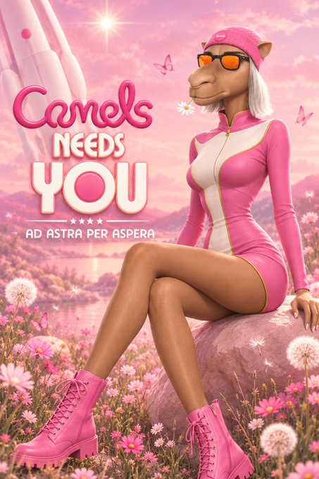 A stylized poster featuring an anthropomorphic camel character wearing a pink tracksuit, pink cap, and orange sunglasses, with the text 'Camels NEEDS YOU - AD ASTRA PER ASPERA' in pink and white lettering.